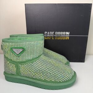 Cape Robbin Rhinestone Fur Ankle Boots Sz 8 Round Toe Booties LINDAK Green